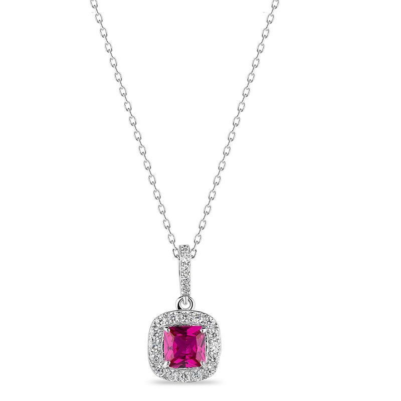 Ruby CZ Square Sterling Silver Halo Pendant with Chain - Click Image to Close